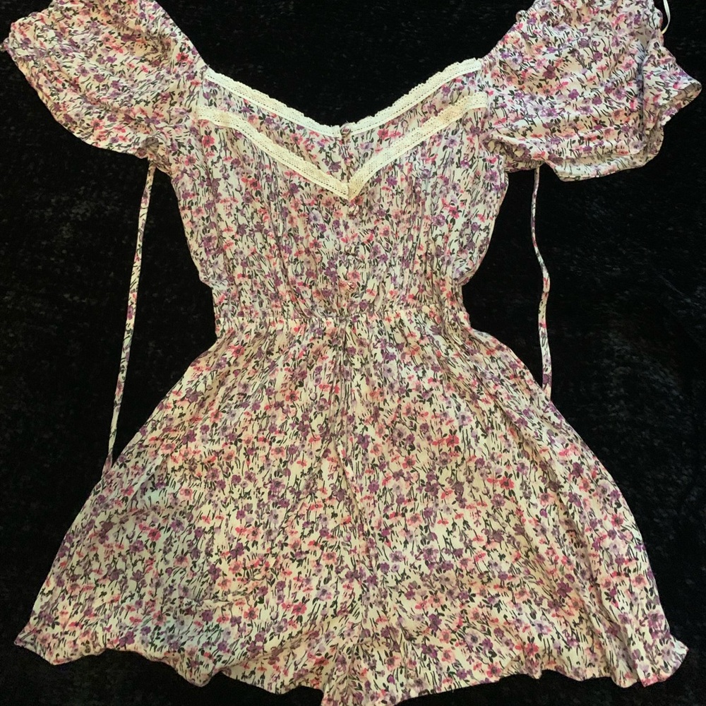 Flower Patterned Romper with Lace Trim